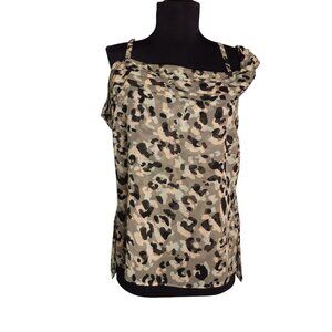 Cabi Size S Tank Top Camouflage Print Tiered Cold Shoulder Pleated Sheer 5360